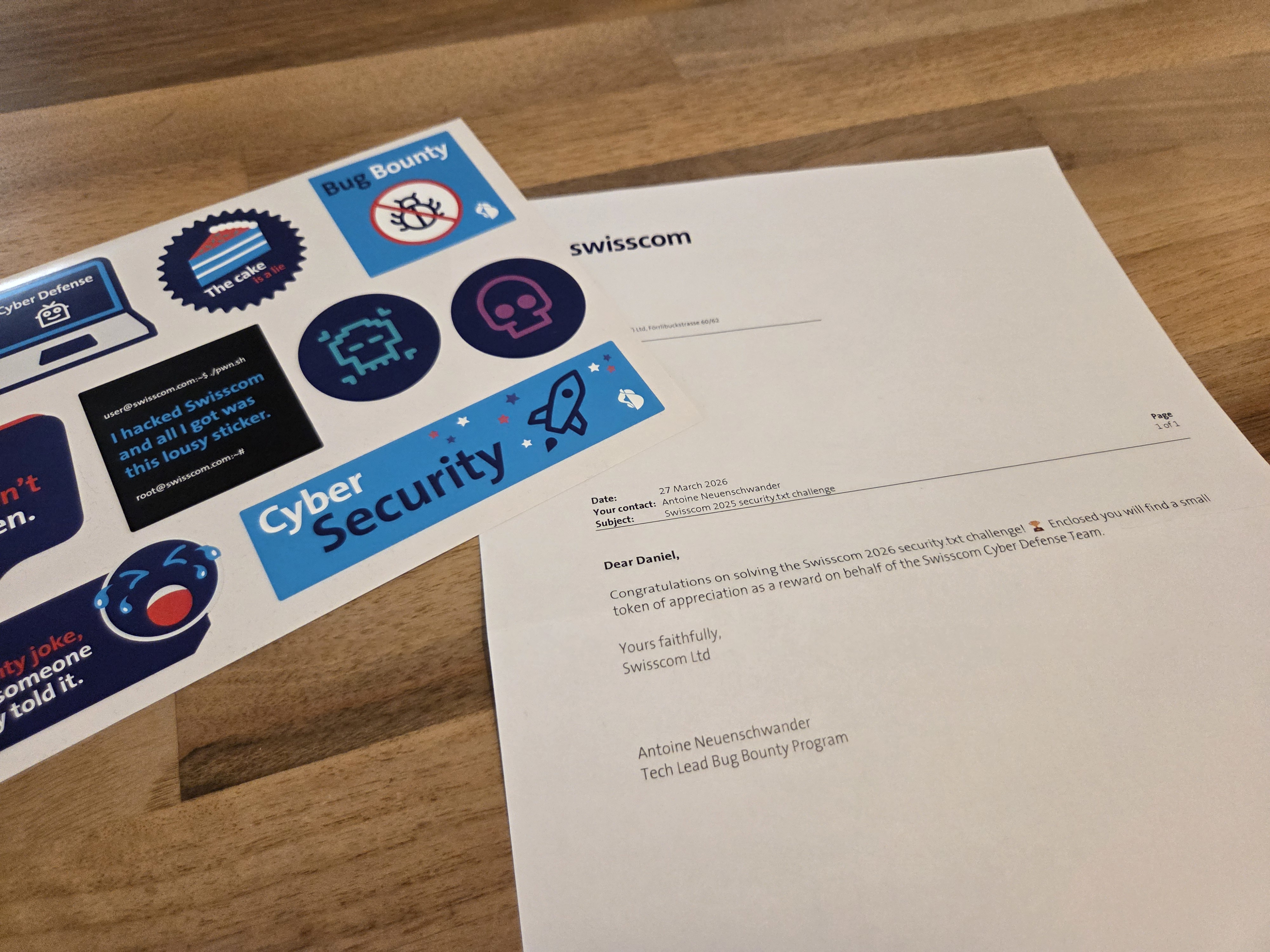 confirmation letter of swisscom’s security.txt challenge of 2026